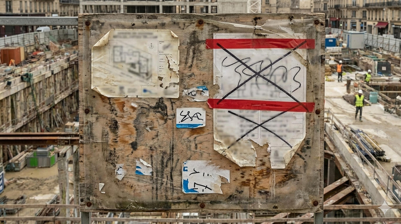 Panneau de chantier avec informations obsolètes illustrant un risque de conformité