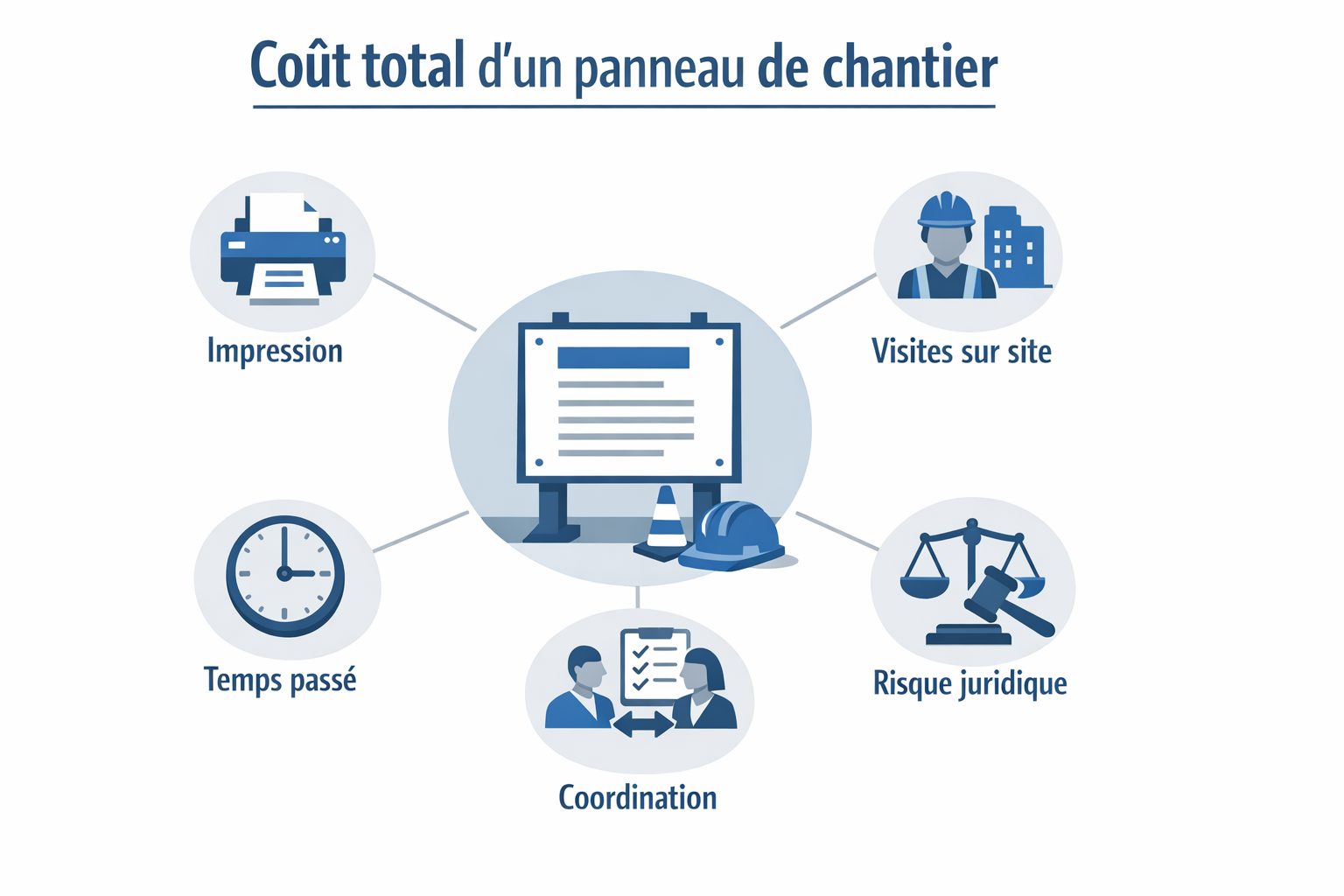 Schéma du coût complet d'un panneau de chantier : impression, mises à jour, temps interne et risque
