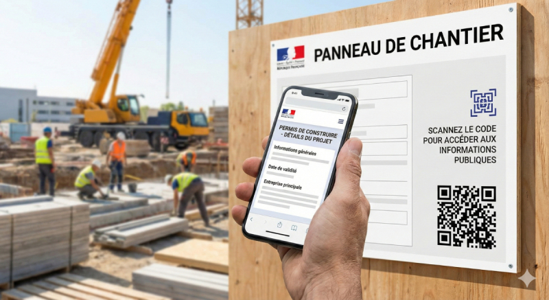Exemple de panneau de chantier connecté avec QR code PanoQR