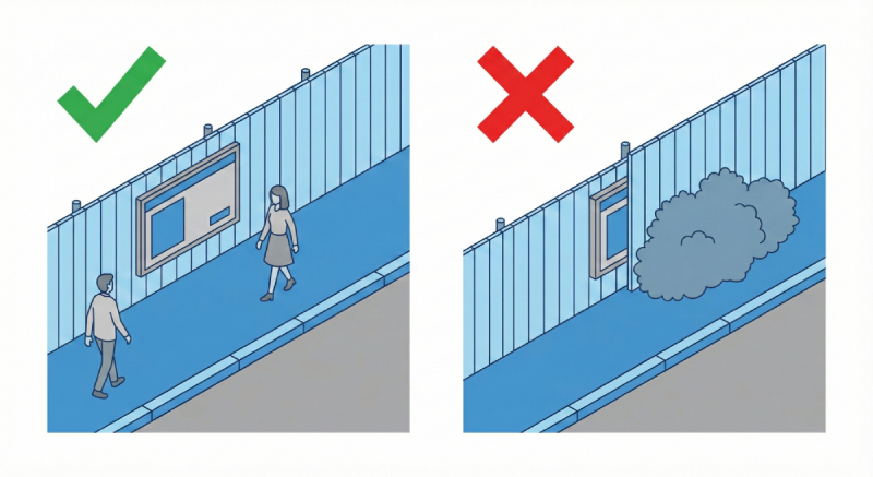 Schéma d'implantation d'un panneau de chantier visible depuis la voie publique