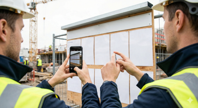 Maître d'ouvrage et maître d'œuvre contrôlent les informations du panneau de chantier