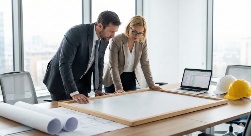 Maître d'ouvrage et maître d'œuvre examinant les informations du panneau de chantier