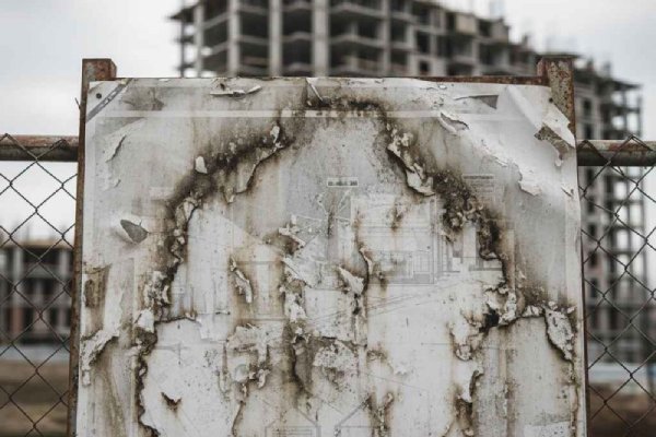Panneau de chantier dégradé par la pluie et le soleil