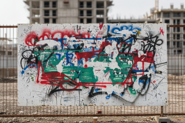 Panneau de chantier vandalisé par des graffiti