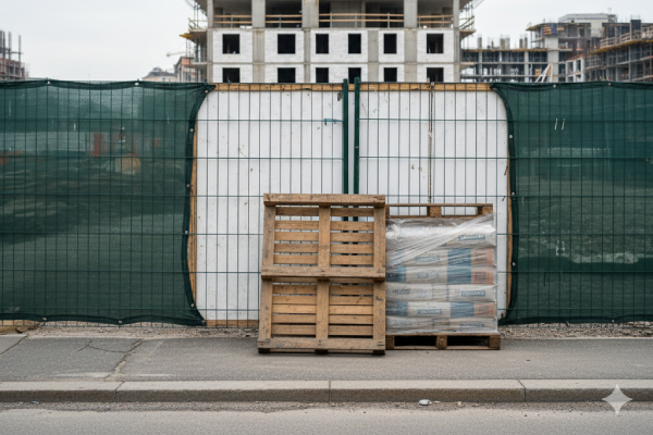 Panneau de chantier masqué par une palissade et du matériel