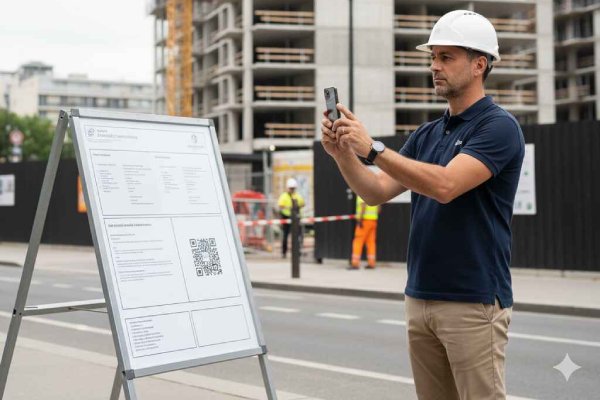 Contrôle du panneau de chantier et prise de photo comme preuve