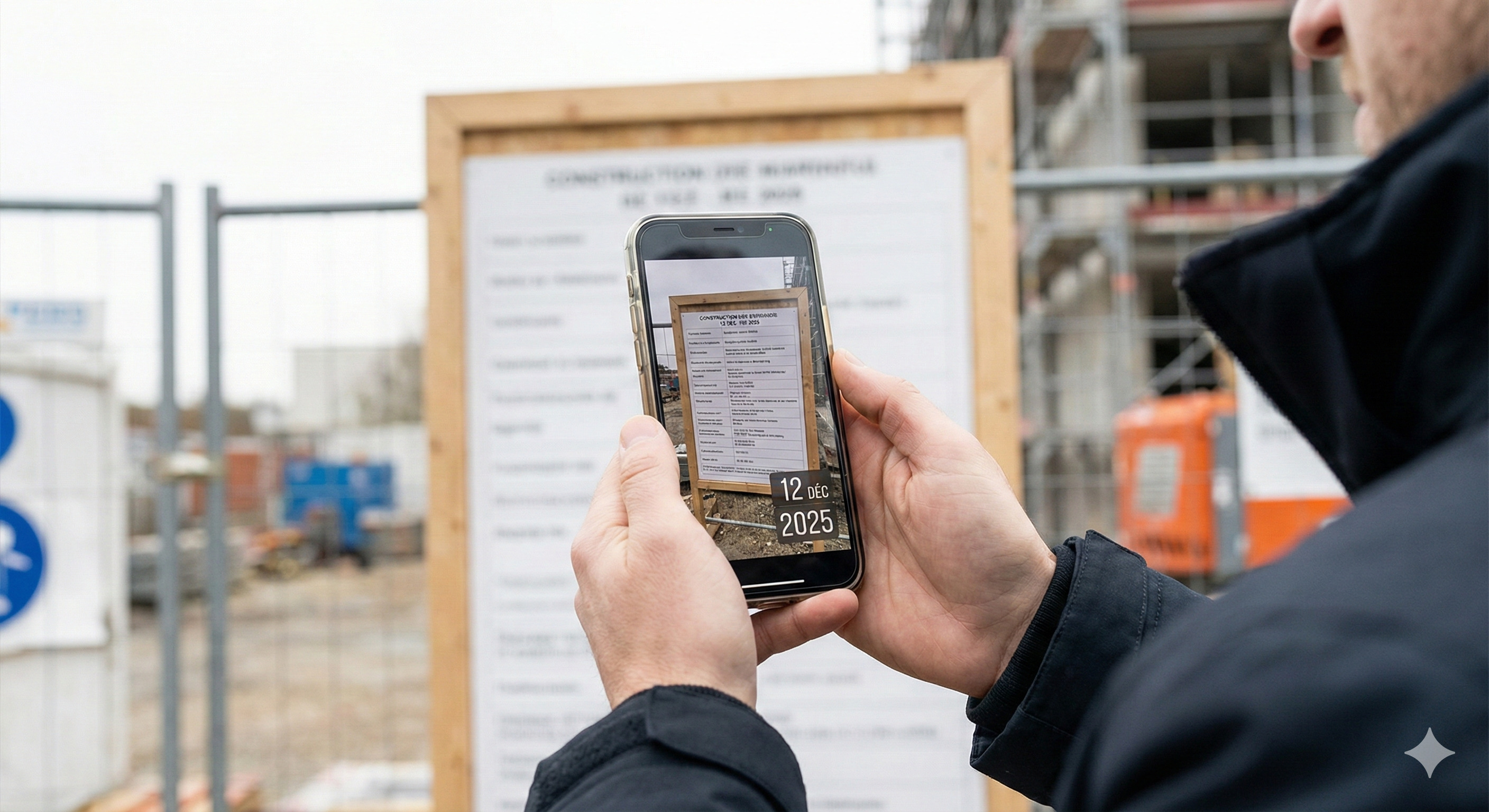 Personne prenant une photo datée d'un panneau de chantier de permis de construire pour prouver l'affichage