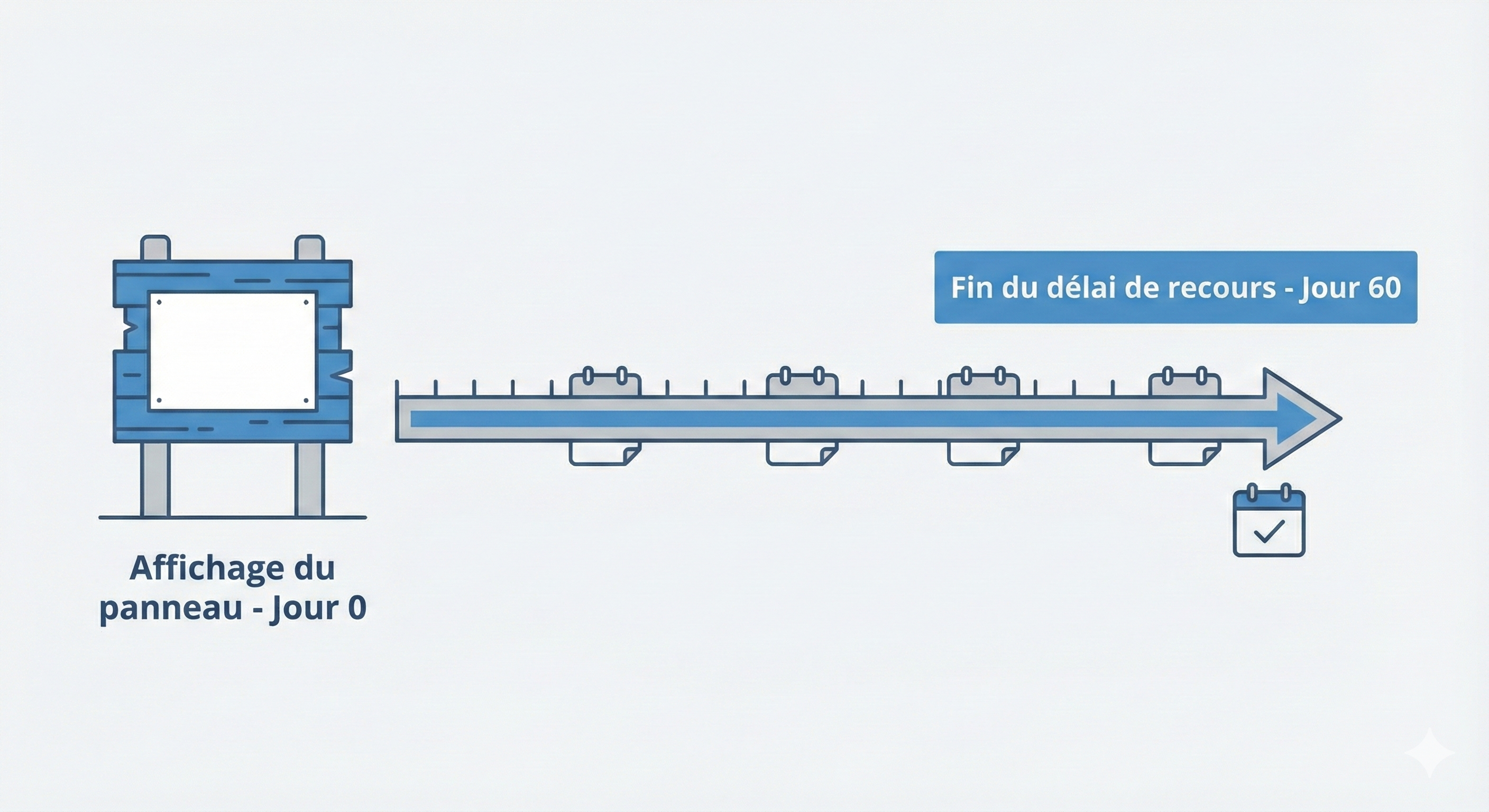 Frise chronologique montrant la date de pose du panneau et les deux mois de délai de recours