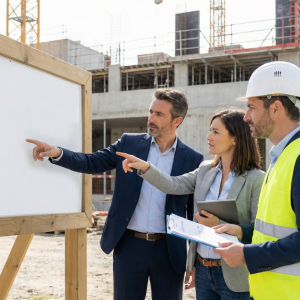Plusieurs acteurs interviennent autour d'un panneau de chantier installé sur le chantier